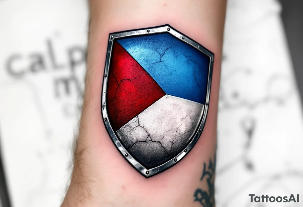 A Czech flag shield with metallic engravings, creating an antique, battle-worn effect in blue, white, and red. tattoo idea