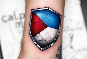 A Czech flag shield with metallic engravings, creating an antique, battle-worn effect in blue, white, and red. tattoo idea