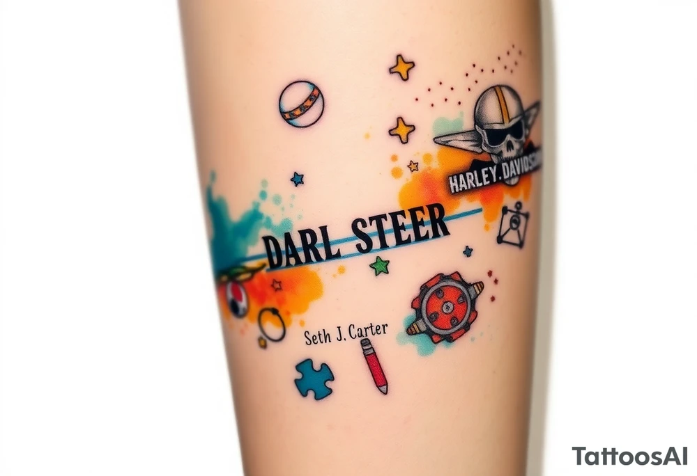 futuristic, spacey, memory tattoo: star wars, space, Harley Davidson, skateboarding, camping, puzzle pieces, video games, heaven, god, outdoors, bullets,12/29/88-01/06/2025 memento mori Seth J. Carter "Darth Carter" tattoo idea
