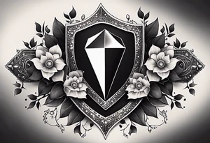 An Iron Shield endowed with diamond shaped gems along the trim, 3 different kinds of flowers create the crest, black vines with bright white thorns wrap and constrict the shield as a tattoo design" tattoo idea