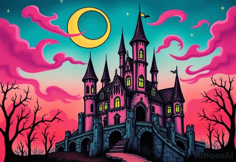 Tim Burton’s disney sleeping beauty’s haunted castle is abandoned and dripping with muted reds, dusty pinks, and eerie green glow.purple and cyan smokey clouds swirl in the crescent moonlit sky thats sprinkled with stars tattoo idea tattoo idea