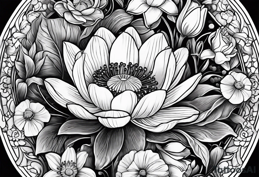 Poppy, water lily, Lily of the valley, daffodil, cosmo, rose, flower bouquet, portrait style tattoo idea