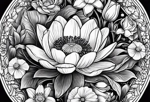 Poppy, water lily, Lily of the valley, daffodil, cosmo, rose, flower bouquet, portrait style tattoo idea