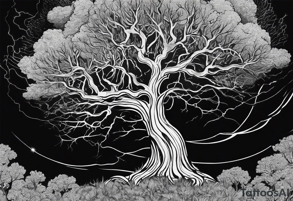 a barron tree struck by lightning, the branches resemble a brain and its spark of life. the ground below the tree is cracked symbolizing the broken connection between creator and creation tattoo idea