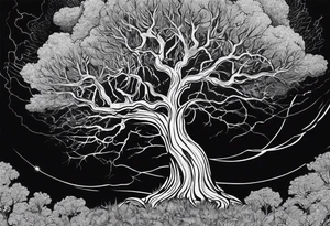 a barron tree struck by lightning, the branches resemble a brain and its spark of life. the ground below the tree is cracked symbolizing the broken connection between creator and creation tattoo idea