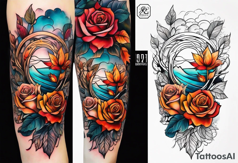 thigh tattoo with fall colors showing, flowers, roses, water flow, and sky tattoo idea