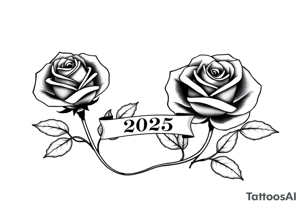 two beautiful large rose buds, one larger than the other, with many leaves next to the rose buds, with one sitting higher than the other. Include a banner connecting the two roses with the year "2025" on it.   Use dark outlines with little shading. The two stems should be short, not long, and connect and join into one stem, whimsically curved or twisted - not straight down. tattoo idea