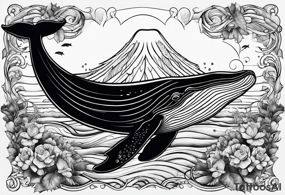whale with a turtle integrated with a big wave tattoo idea