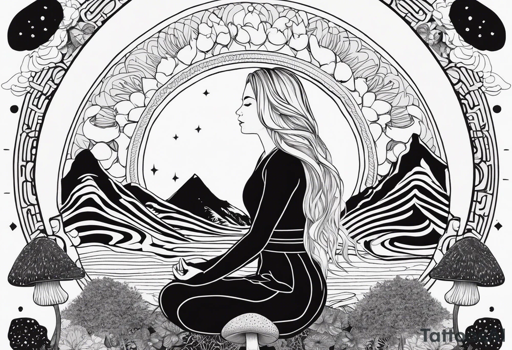 Straight blonde hair girl meditating facing away toward mountains surrounded by mushrooms crescent moon mandala circular design black and white striped dress tattoo idea