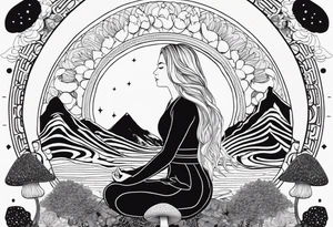 Straight blonde hair girl meditating facing away toward mountains surrounded by mushrooms crescent moon mandala circular design black and white striped dress tattoo idea