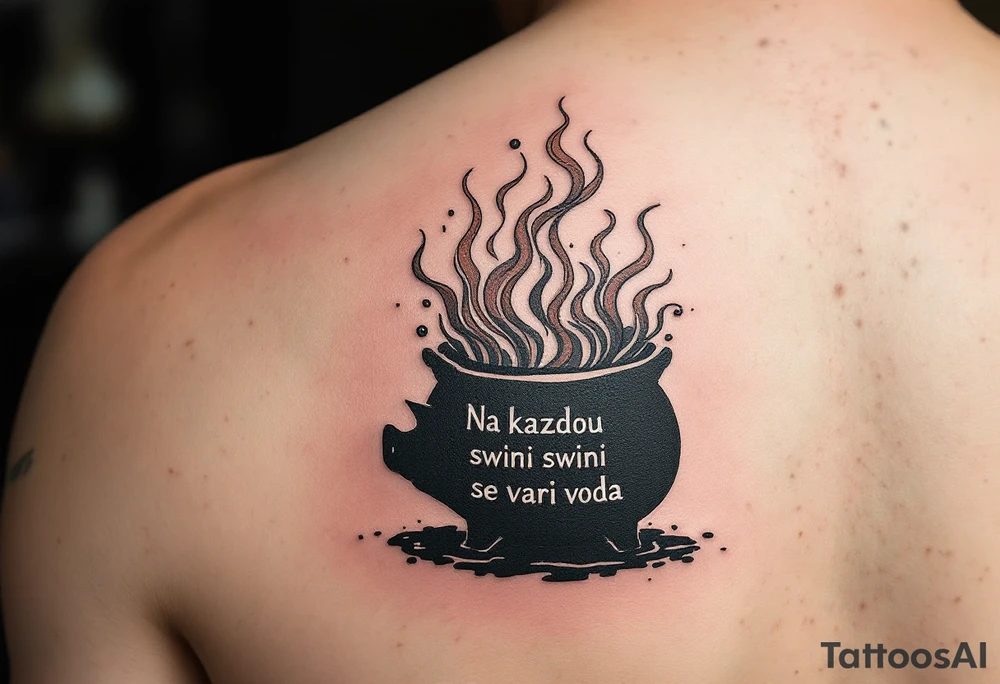 "Na kazdou svini se vari voda." — A boiling cauldron with a pig silhouette formed in steam, inked in dark greens and browns, and the quote spiraling upward. tattoo idea