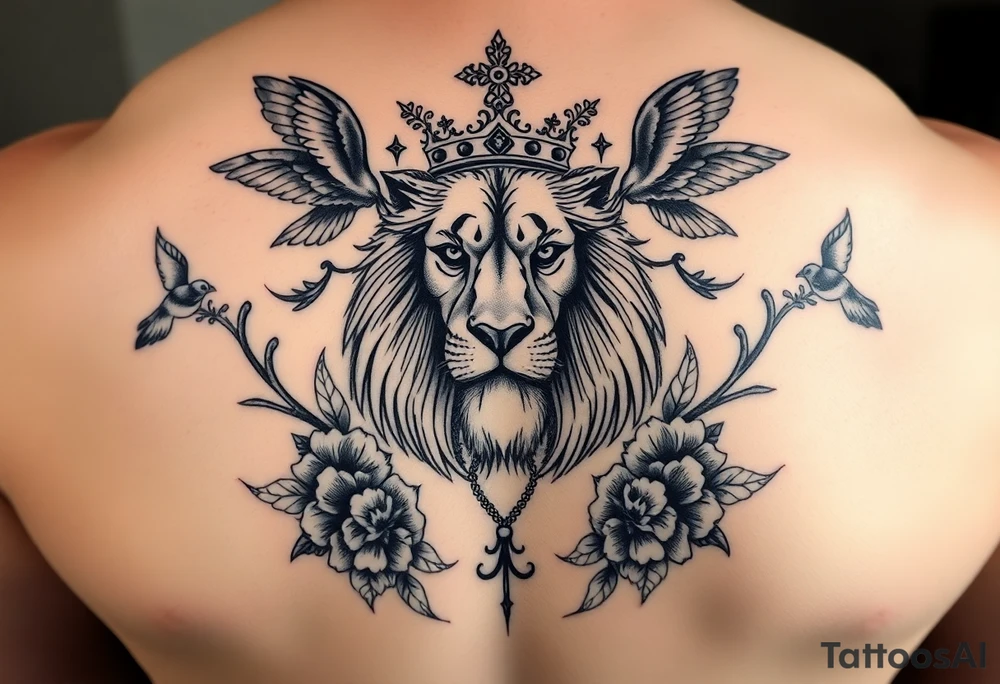 powerful majestic lion with a crown, surrounded by floral ornaments and birds tattoo idea