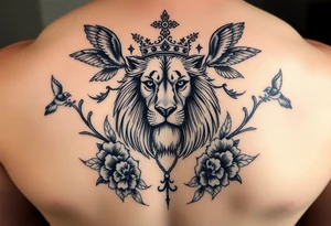 powerful majestic lion with a crown, surrounded by floral ornaments and birds tattoo idea