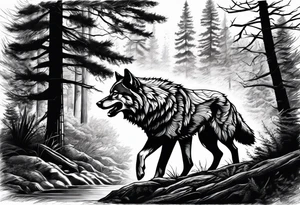 Powerful storm raging through forest with an alpha wolf snarling tattoo idea