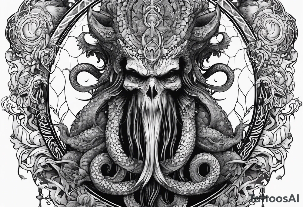 Vertical full sleeve. Lovecraftian creature, protecting a token of love. tattoo idea
