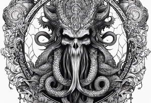 Vertical full sleeve. Lovecraftian creature, protecting a token of love. tattoo idea