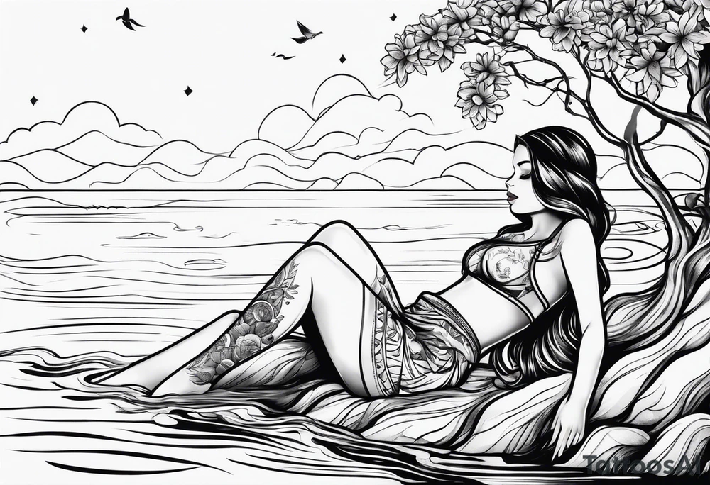 simple tattoo of full body girl relaxing above water tattoo idea