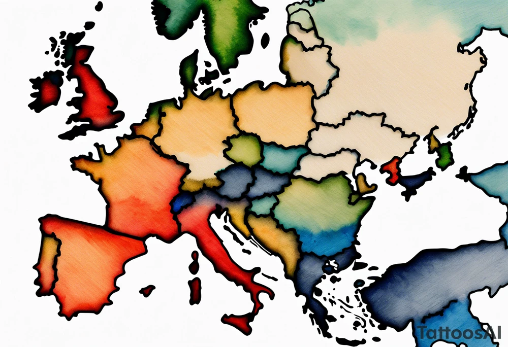 Map US to europe with one tiny jet plane showing intercontinental flight path. Watercolor with spilled watercolor look abstract, antiqued, latitude and longitude grid tattoo idea