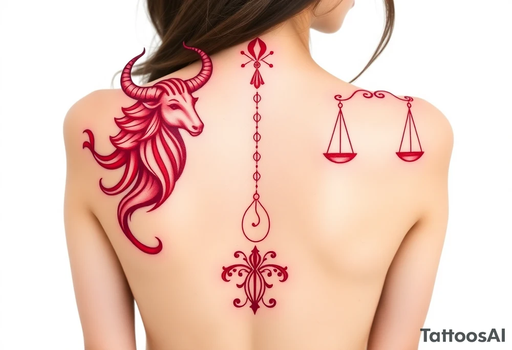 Tattoo that combines the star sign Taurus and Libra ,in red , down the spine tattoo idea