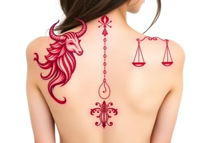 Tattoo that combines the star sign Taurus and Libra ,in red , down the spine tattoo idea