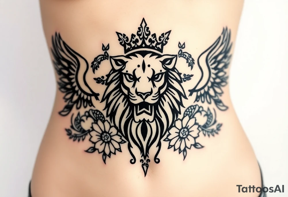 powerful majestic lion with a crown, surrounded by floral ornaments and birds tattoo idea