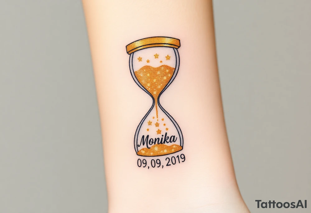 A golden hourglass where sand transforms into tiny stars, flowing down to mark the birth time with name "Monika" and date "09. 09. 2019", in shimmering gold and deep space black tattoo idea