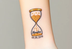 A golden hourglass where sand transforms into tiny stars, flowing down to mark the birth time with name "Monika" and date "09. 09. 2019", in shimmering gold and deep space black tattoo idea