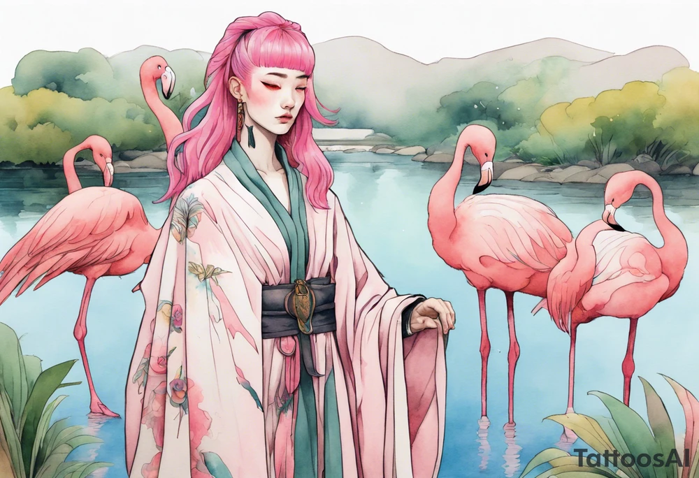 a nonbinary person with pink hair wearing a rainbow medieval robe standing next to a single flamingo near a pond tattoo idea