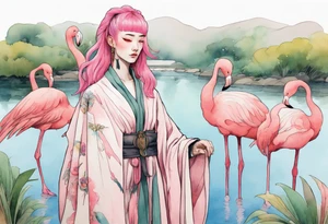 a nonbinary person with pink hair wearing a rainbow medieval robe standing next to a single flamingo near a pond tattoo idea