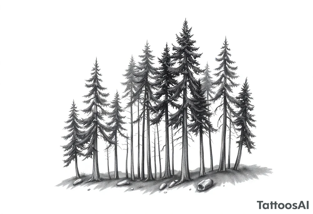 Needle forest with black and gray trees tattoo idea