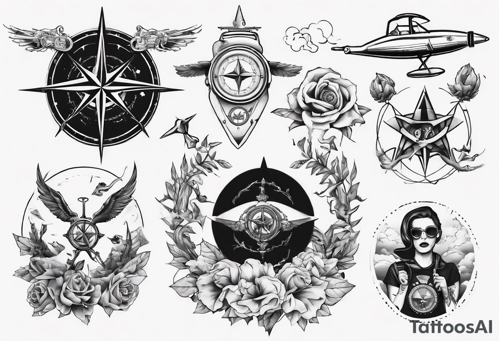 wonderlust with compass and skydiving and guns tattoo idea