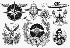 wonderlust with compass and skydiving and guns tattoo idea