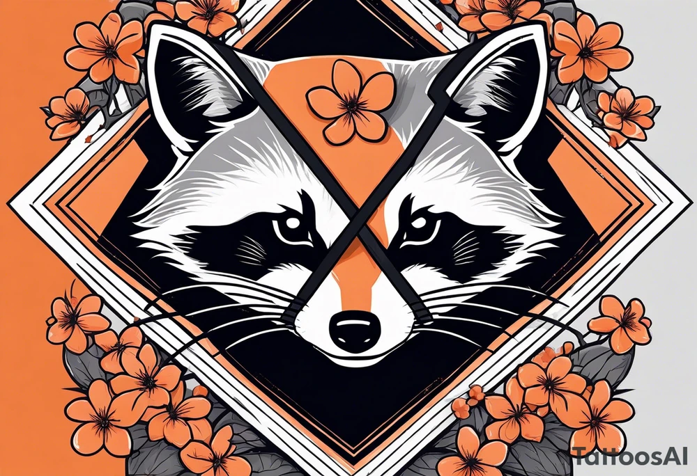 Raccoon wearing a white Superman logo on a black hoodie and orange Japanese cherry blossoms tattoo idea