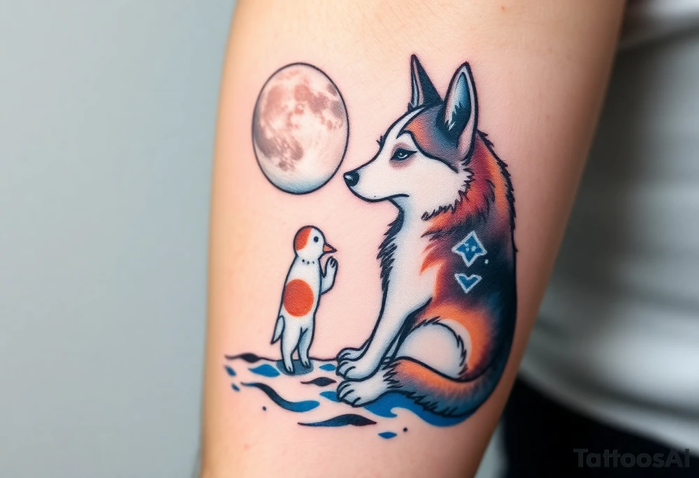 smALL HUSKY LOOKING AT A TRIBAL MOON STANDONG IN THE SAND IN THE SEA WITH THE CONSTALATION OF SAGITARIUS PUT COLOR ADD ARROW, MAKE HUSKY WHITE WITH BROWN SPOTS tattoo idea
