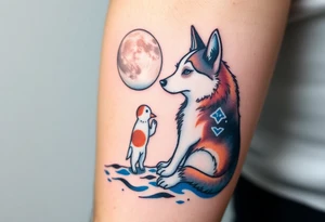 smALL HUSKY LOOKING AT A TRIBAL MOON STANDONG IN THE SAND IN THE SEA WITH THE CONSTALATION OF SAGITARIUS PUT COLOR ADD ARROW, MAKE HUSKY WHITE WITH BROWN SPOTS tattoo idea