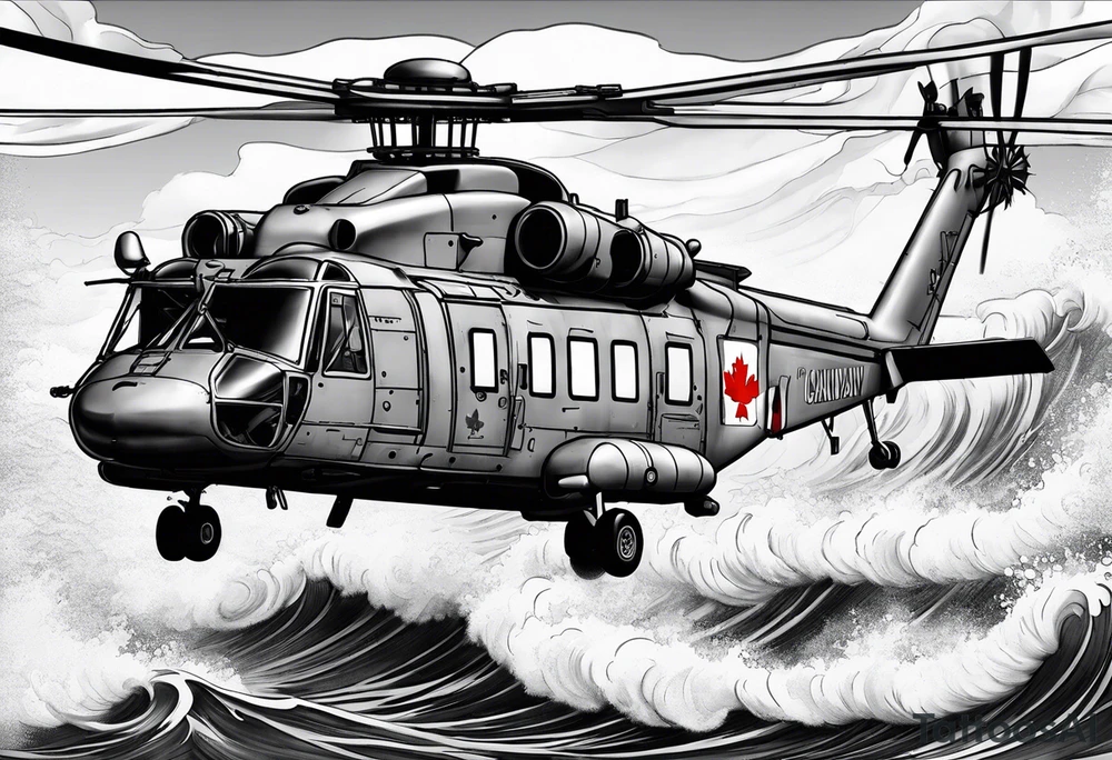 Canadian military grey CH-148 Cyclone helicopter soaring low over rough, ocean waves. A poppy flower be prominently displayed tattoo idea