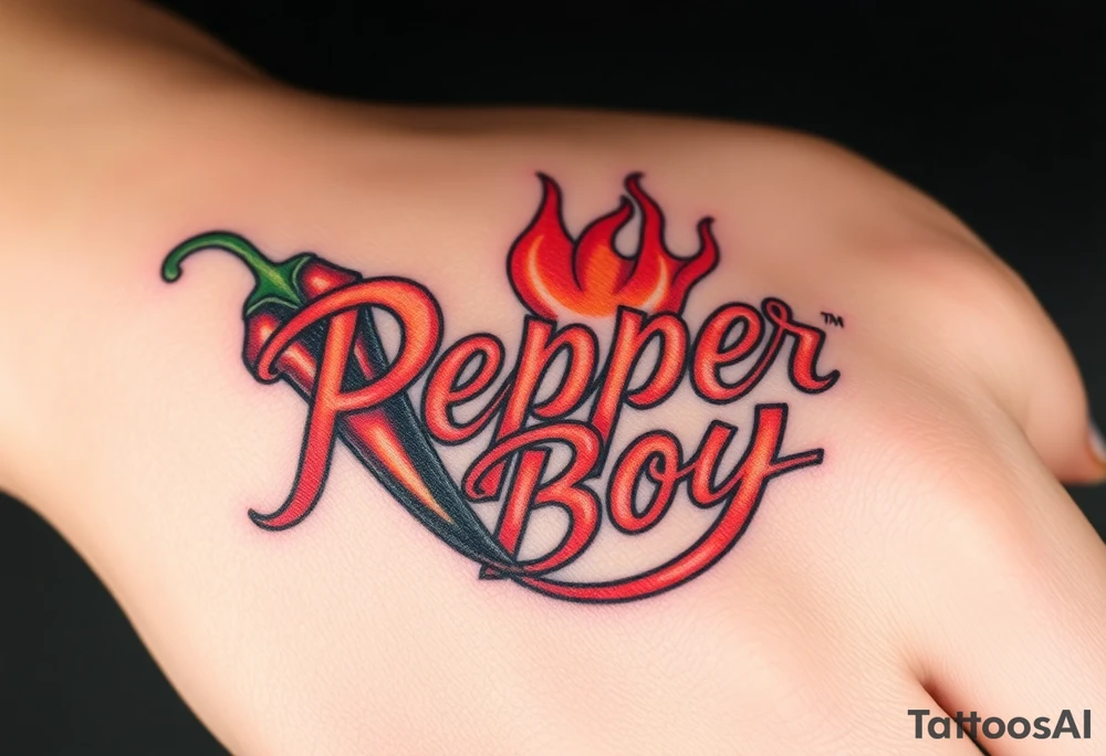 Chili pepper and fire lettering says Pepper Boy tattoo idea