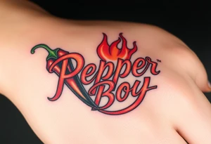 Chili pepper and fire lettering says Pepper Boy tattoo idea