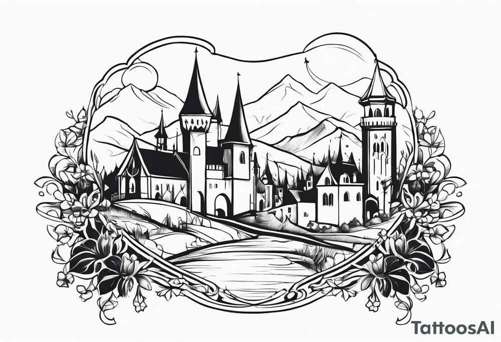 medieval tribal city 
floral  land  vignette tattoo idea