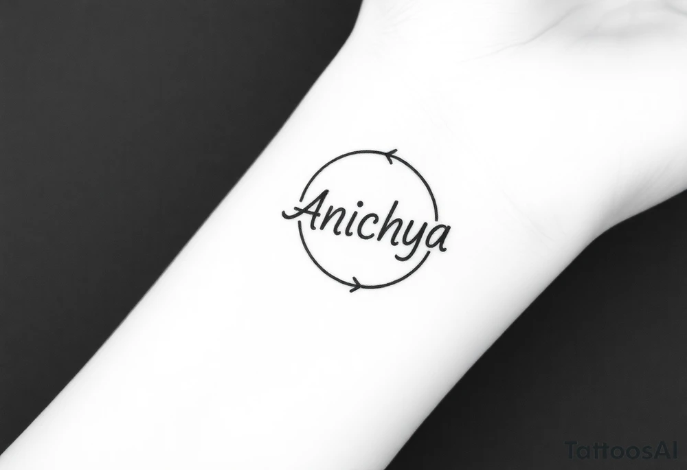 Create a tattoo that writes the Hindi word "Anichya" with A circle or spiral, which represents the cyclical nature of life and death tattoo idea