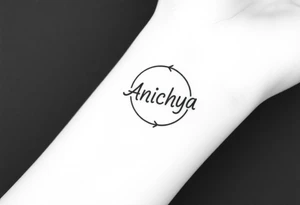 Create a tattoo that writes the Hindi word "Anichya" with A circle or spiral, which represents the cyclical nature of life and death tattoo idea
