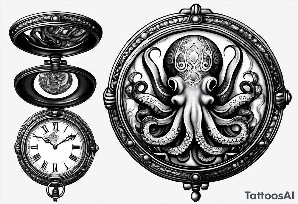 pocket watch wrapped under an aggressive octopus, side perspective tattoo idea