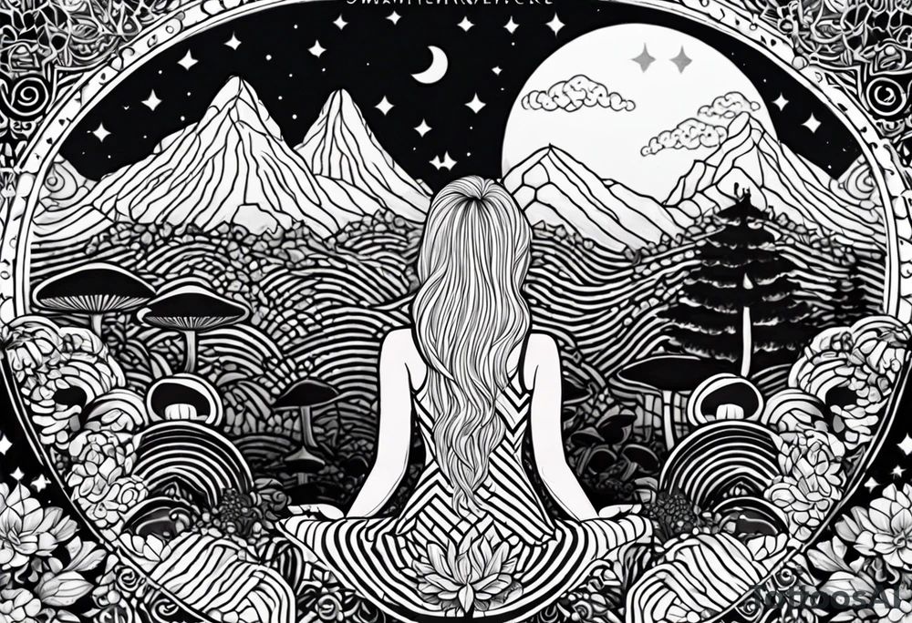 Straight blonde hair girl meditating facing away toward mountains surrounded by mushrooms crescent moon mandala circular design black and white striped dress tattoo idea
