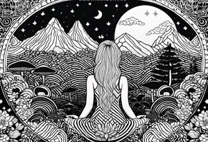 Straight blonde hair girl meditating facing away toward mountains surrounded by mushrooms crescent moon mandala circular design black and white striped dress tattoo idea