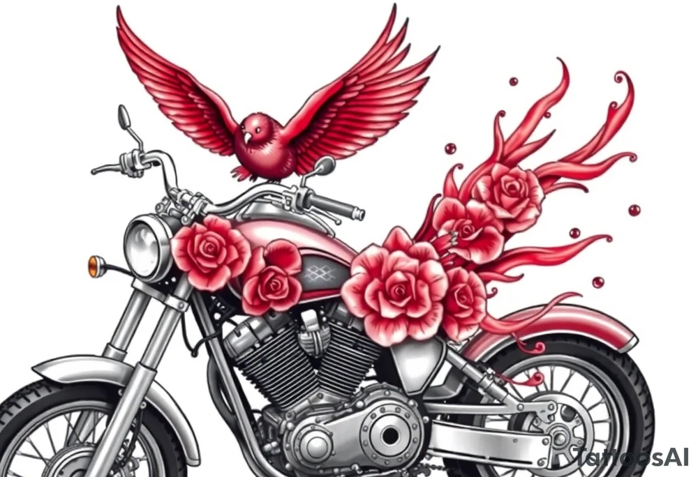 Motorcycle, red bird flying, roses and lace, flames tattoo idea