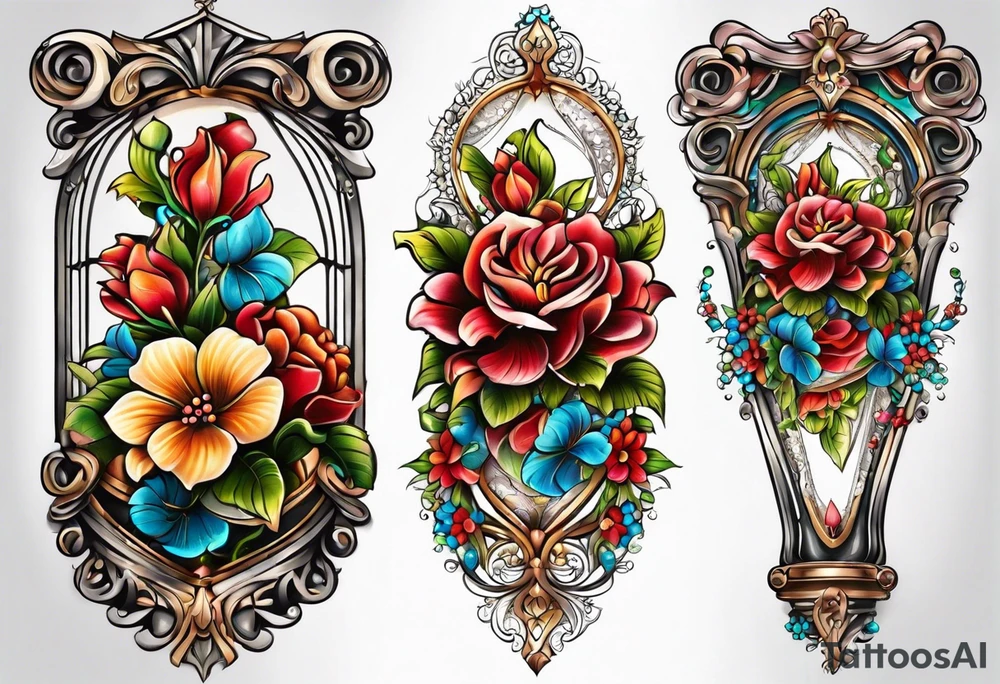Floral leg piece with beading and lace tattoo idea. colorful, old school flowers, highly detailed, florals. white background. beautiful hourglass at the center, intricate highly detailed, tattoo idea