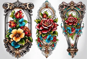 Floral leg piece with beading and lace tattoo idea. colorful, old school flowers, highly detailed, florals. white background. beautiful hourglass at the center, intricate highly detailed, tattoo idea
