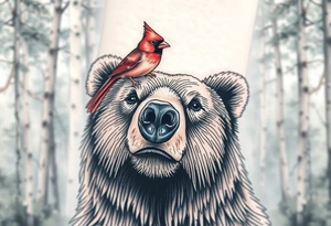 Cardinal sitting on a bear’s nose. The bear looks happy. Forest background tattoo idea