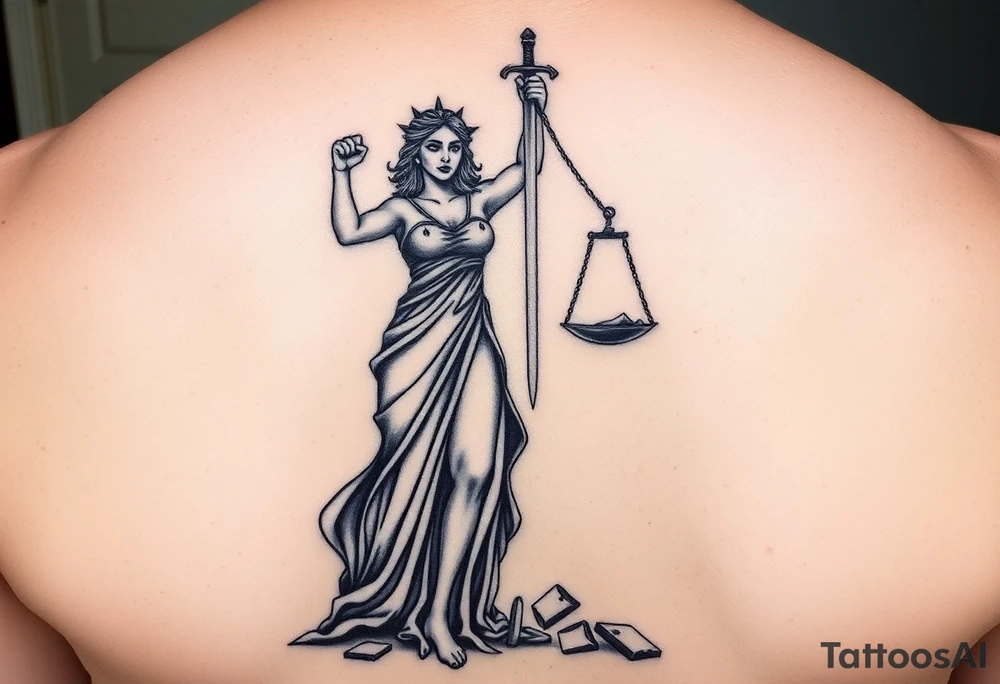 angry lady justice sword held high, broken scales under foot, sunlight shining on the darkness of injustice and corruption. ready to fight against the corruption of the system tattoo idea