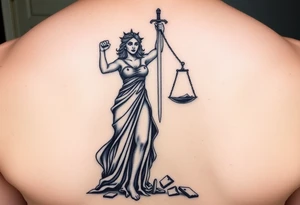 angry lady justice sword held high, broken scales under foot, sunlight shining on the darkness of injustice and corruption. ready to fight against the corruption of the system tattoo idea